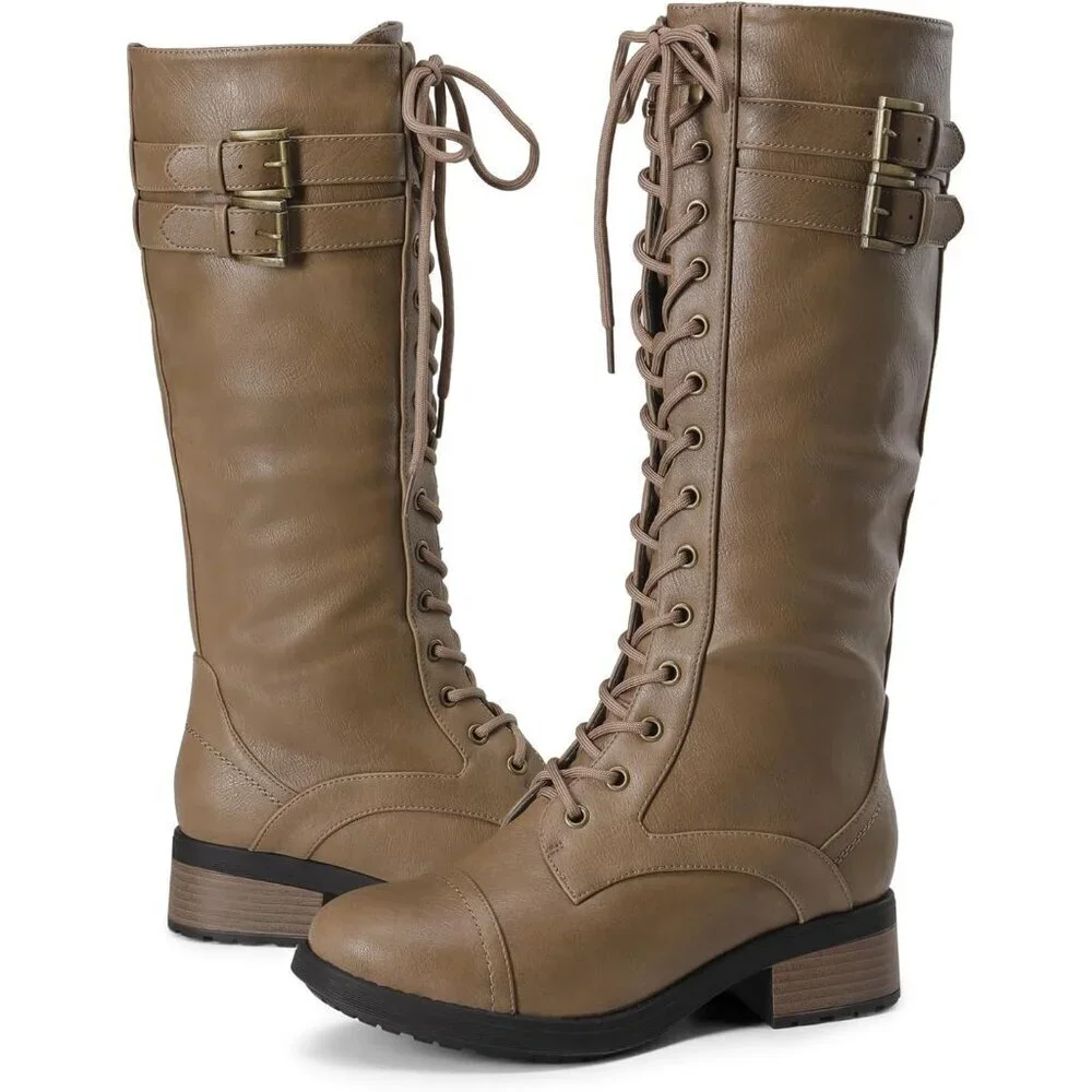 Women's Polyurethane Pu Georgia-Khaki Double buckle Knee High Riding Combat Boot